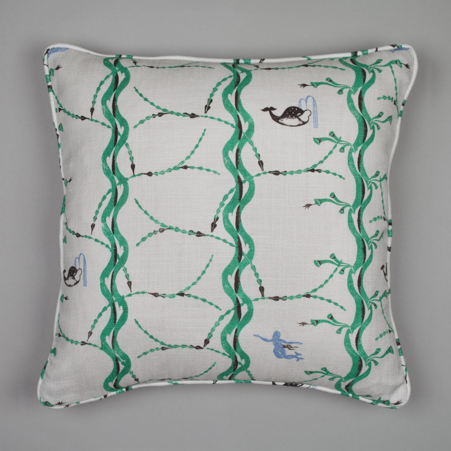 Mermaid and Whale print cushion, Slaked Lime