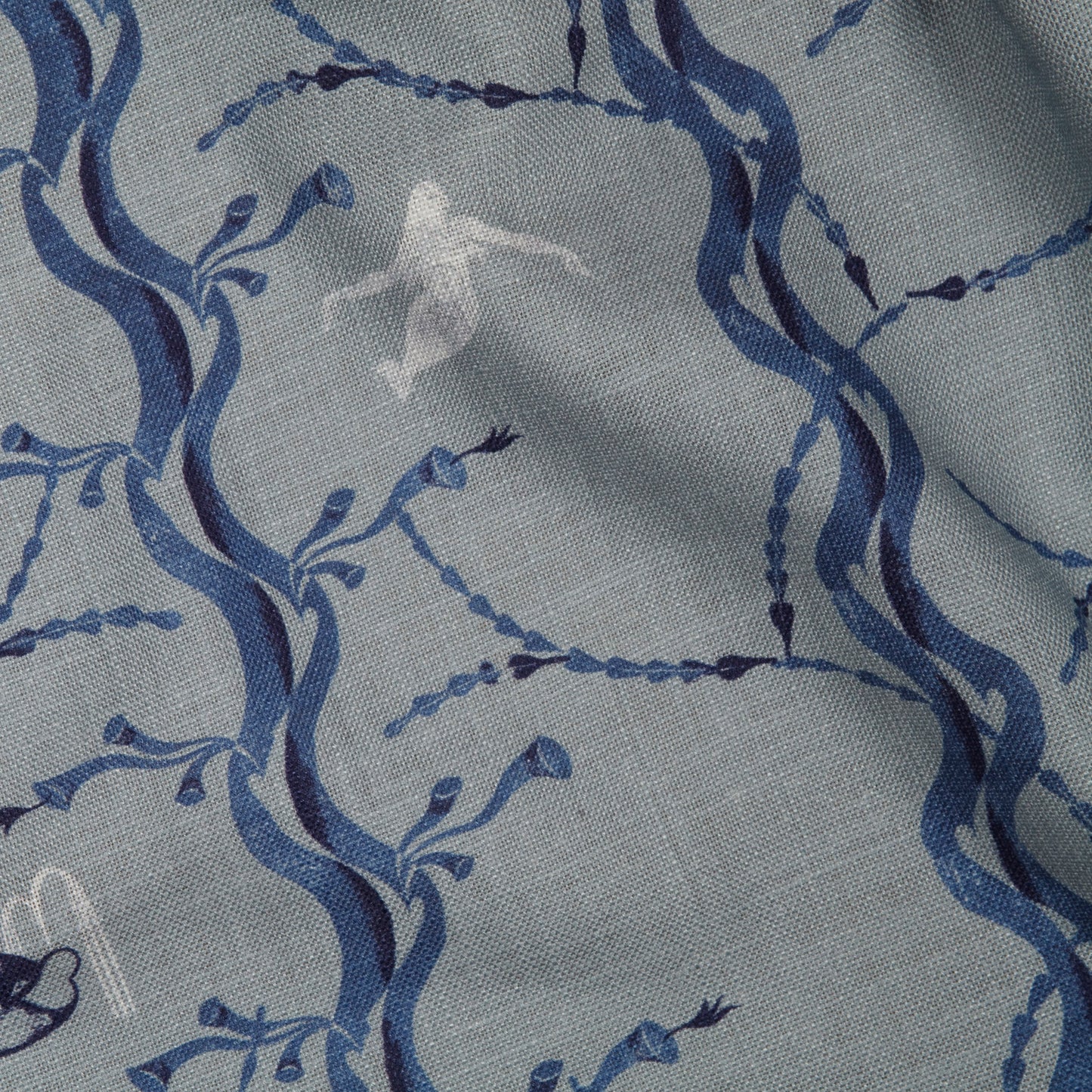 Mermaid and Whale Print Fabric, China Blue