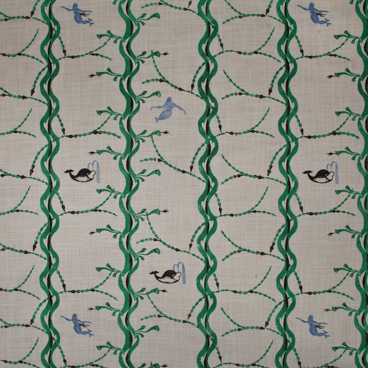 Mermaid and Whale Print Fabric, Slaked Lime