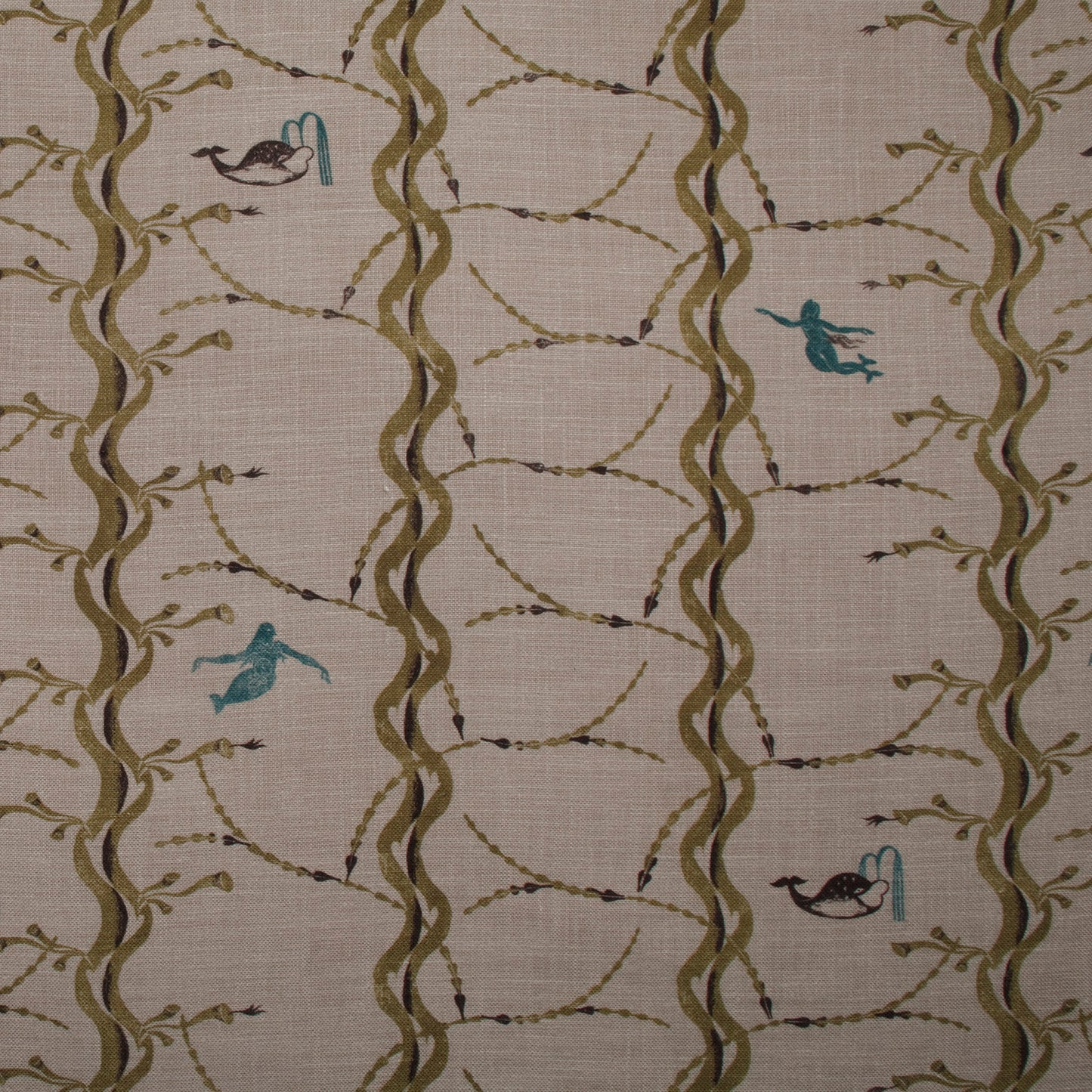 Mermaid and Whale Print Fabric, Olive