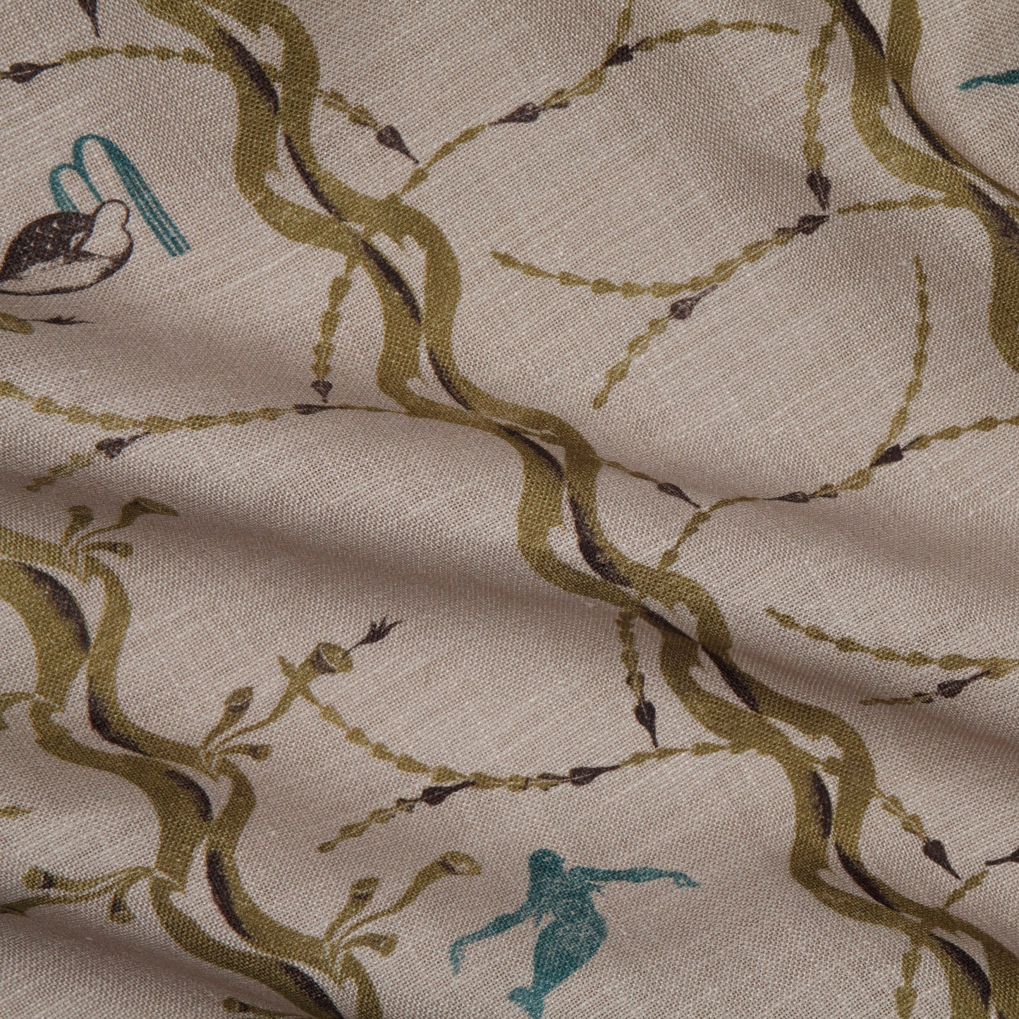 Mermaid and Whale Print Fabric, Olive