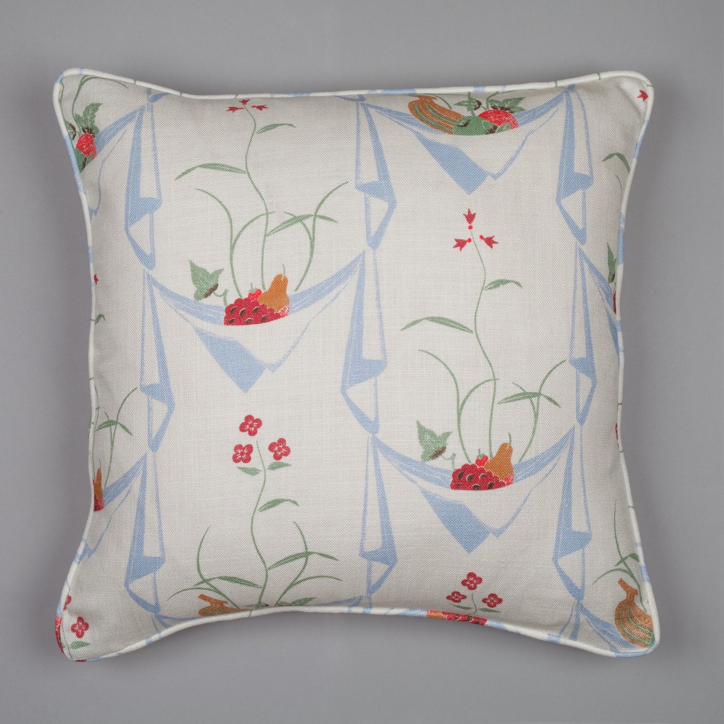 Napkin/Fruit print cushion, white/wedgwood