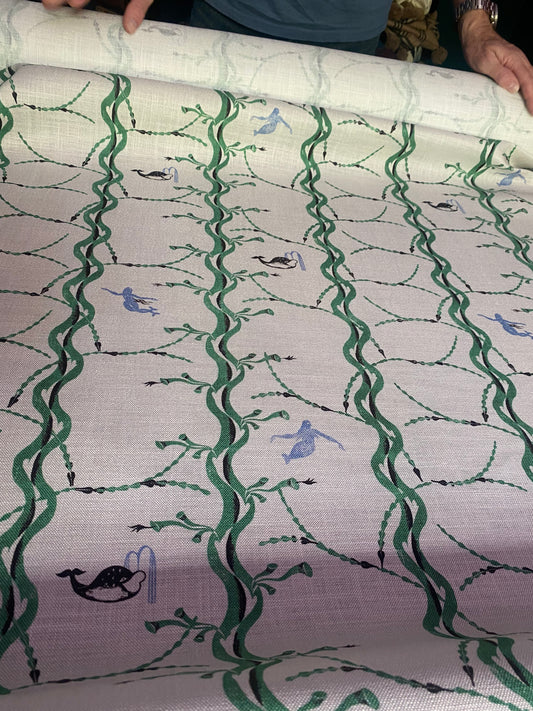 Mermaid and Whale Print Fabric, Slaked Lime