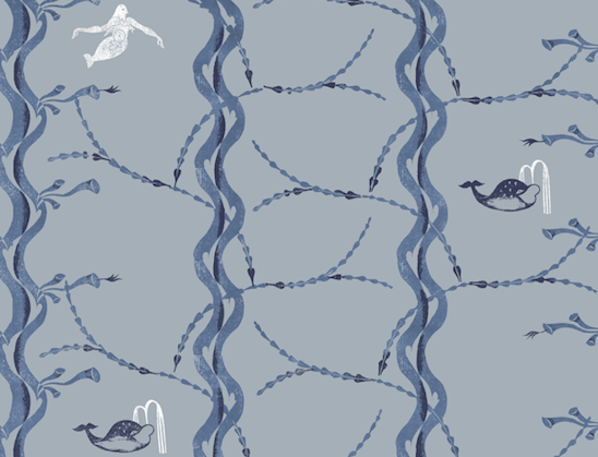 Mermaid and Whale Print Fabric, China Blue