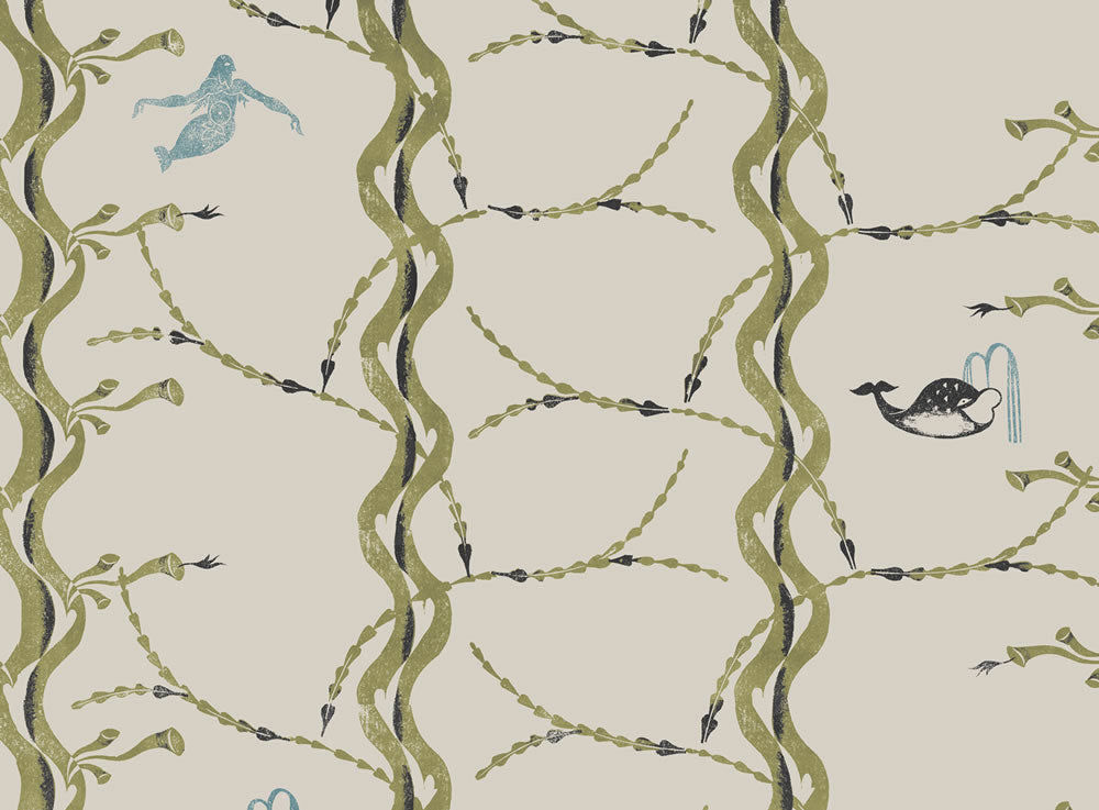 Mermaid and Whale Wallpaper, Olive