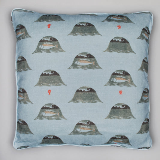 Wave and Fish  print cushion, China Blue