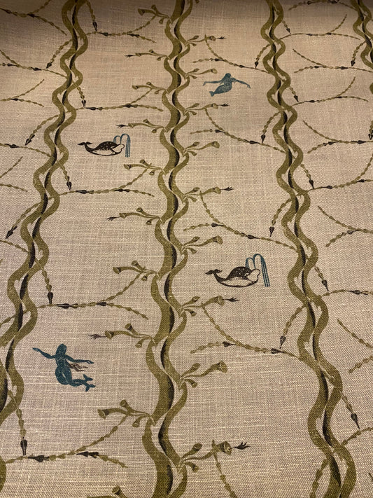 Mermaid and Whale Print Fabric, Olive