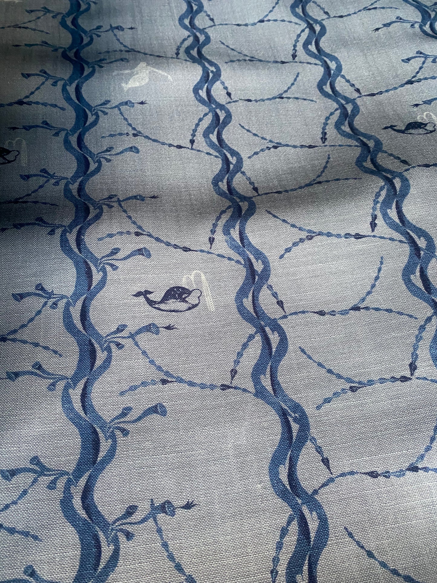 Mermaid and Whale Print Fabric, China Blue