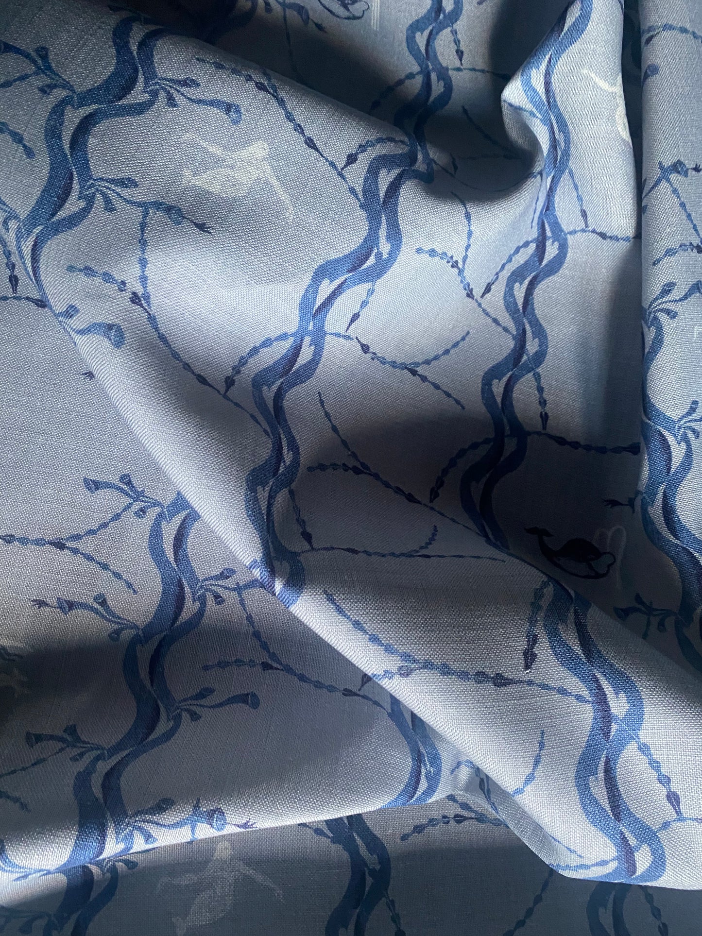 Mermaid and Whale Print Fabric, China Blue