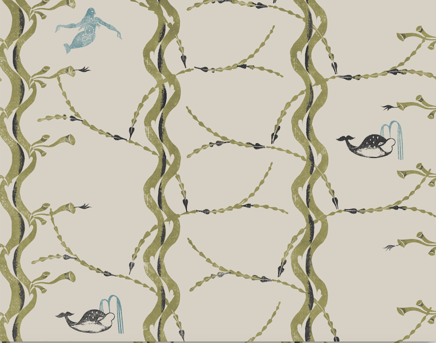 Mermaid and Whale Wallpaper, Olive